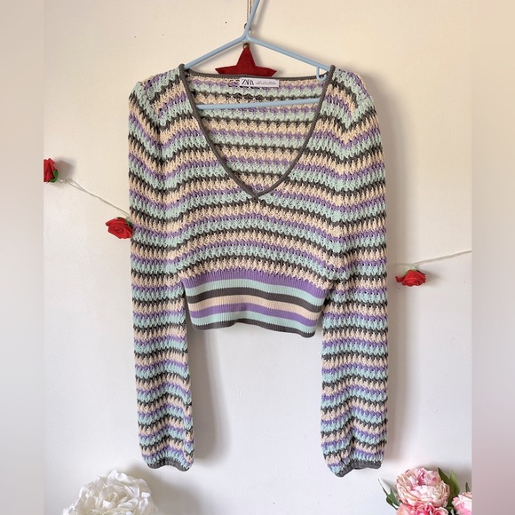 Zara Geometric Stripped knitted crop sweater top L - Picture 5 of 8